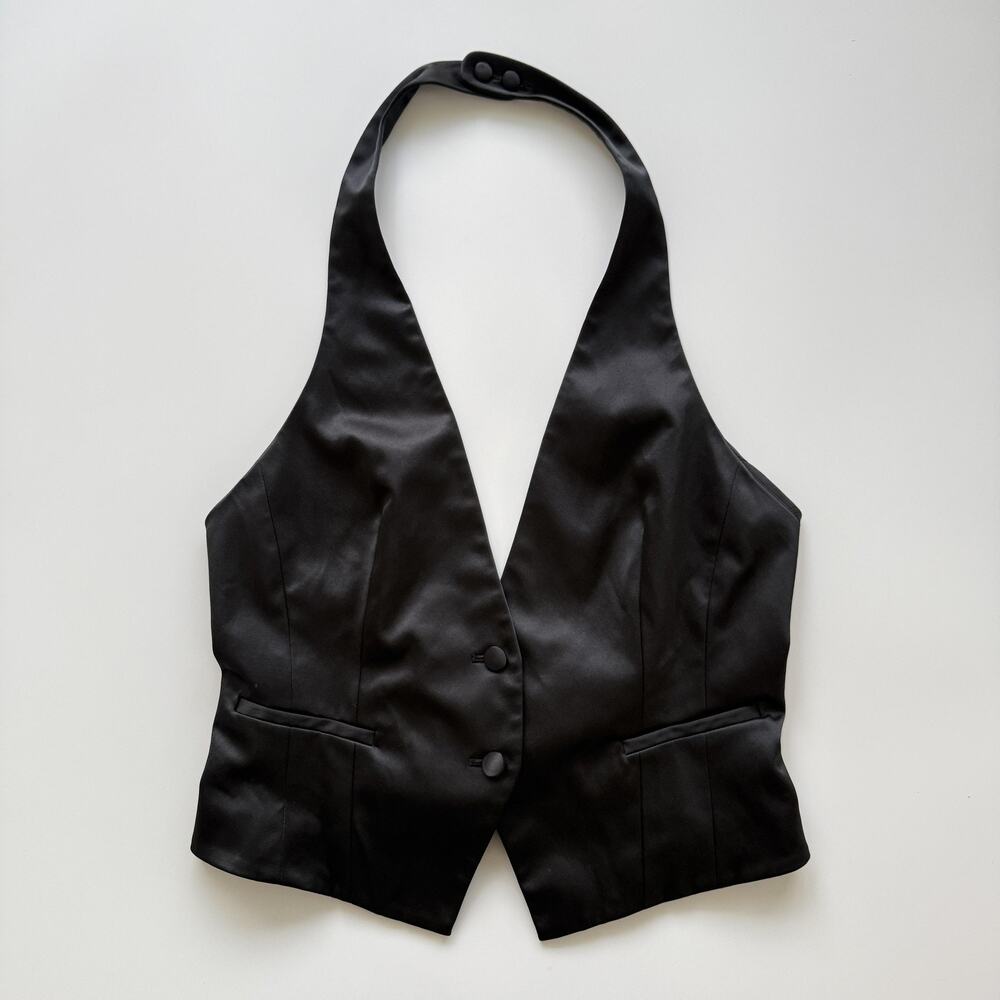 New York & Company Suit Vest Womens 14 Black Satin Halter V Neck Tuxedo Stretch